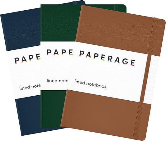 PAPERAGE Lined Journal Notebook, 3 Pack, (Cognac, Dark Green, Navy), 160 Pages, Medium 5.6 in x 8 in - 100 GSM Thick Paper – Hardcover Journaling Notebook for Work, School & Note Taking