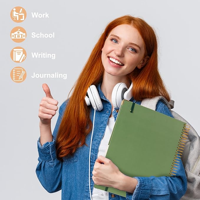 Large Spiral Notebook College Ruled with Tab Stickers A4 Notebooks for School Supplies Hardcover Spiral Notebook 8.5 x 11 Journal Note Book for Work Note Taking Women Men Writing, 220 Pages, Green