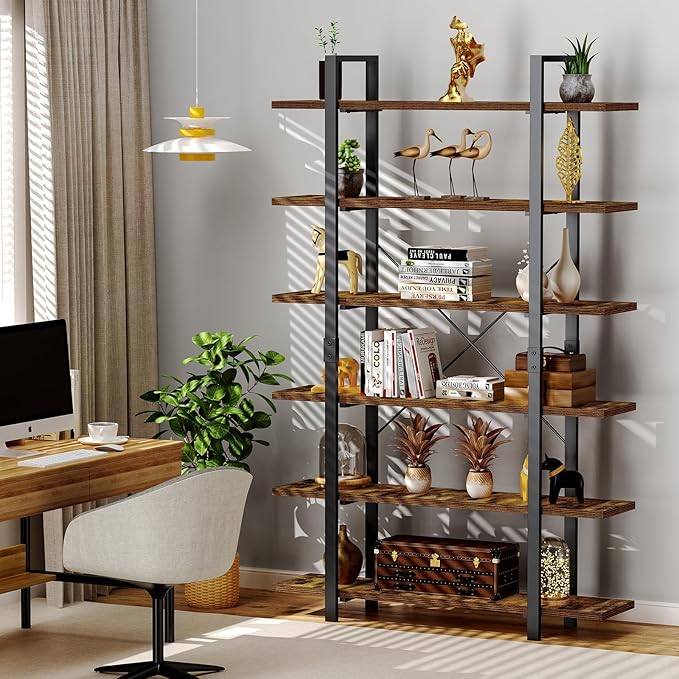 FRAPOW Bookshelf, 6 Tier Book Shelf 83Inch Tall Bookcase, Industrial Large Bookshelves Rustic Book Case with Open Metal Frame for Office, Bedroom, Farmhouse, Living Room