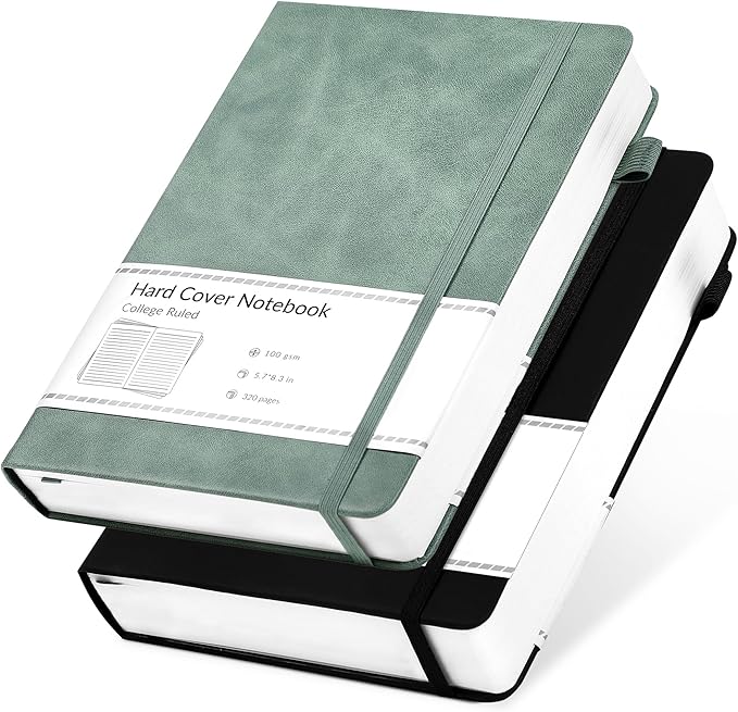 CAGIE 2 Pack Notebooks Journals for Women Men Hardcover A5 Journaling Notebooks Leather Journals for Writing Thick Journal Supplies Diary, Green& Black