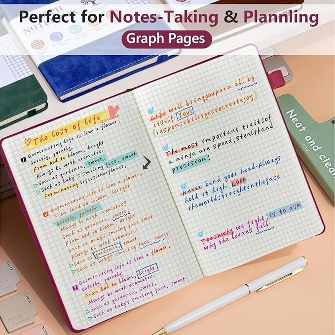 PERCUN Graph Paper Notebook, 160 Pages Grid Journal for women & men, A5 Hardcover Leather Graphing Notebook for School, Work, Travel, Note Taking 5.9”x8.5” (Burgundy)