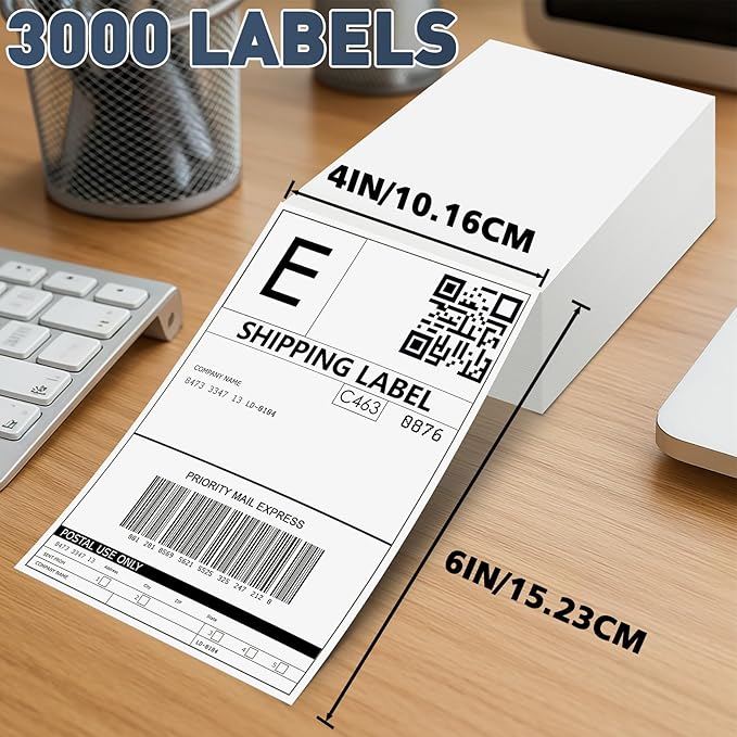 JTIEO 4" x 6" Thermal Labels, 3000 Fanfold Direct Thermal Shipping Labels, Perforated White, Commercial Grade with Permanent Adhesive,Compatible with Most Thermal Printers.