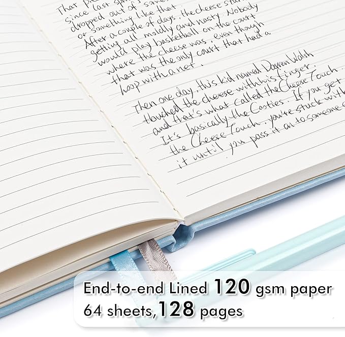 feela 5 Pack Notebooks Journals Bulk, Hardcover Notebook Classic Ruled Lined Journals with Pen Holder for Women Girls School Business Supplies, with 5 Black Pens, 120 GSM, 5.1”x8.3”, A5, Light Blue