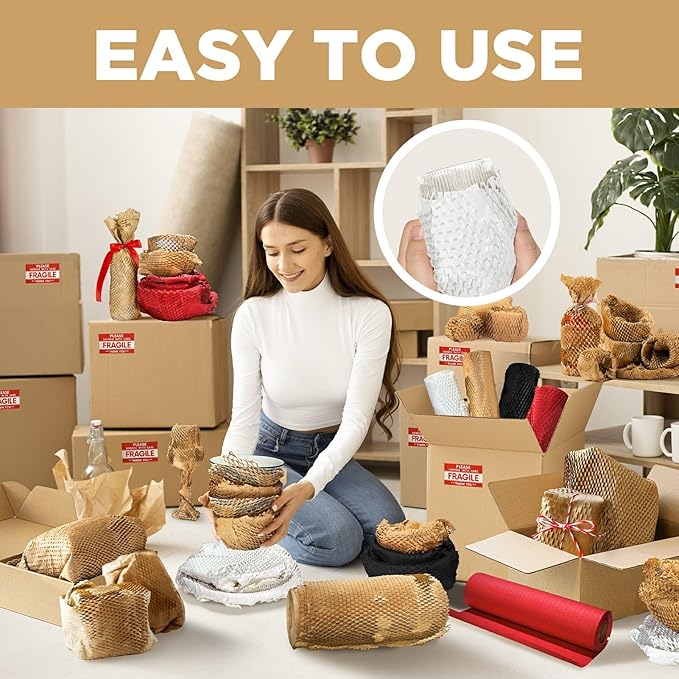 Honeycomb Packing Paper, 12"x300' White | Perforated Honeycomb Packing Paper Recyclable Moving Supplies for Shipping & Moving | Plastic-Free Alternative to Bubble Cushion Wrap with 36 Fragile Stickers