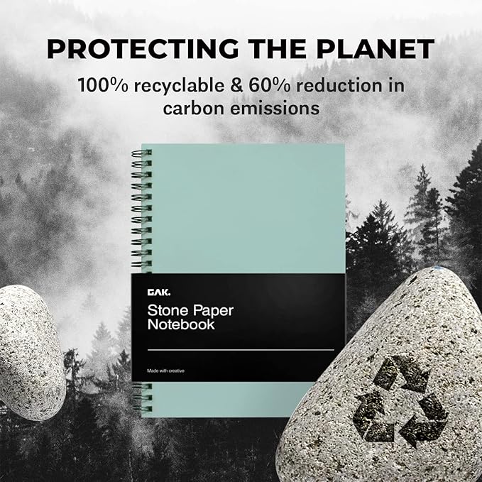 GAK. Stone Paper Waterproof Sheet Spiral Notebook (M Size) – 5.8”x8.3”, 50 sheets, Stone Paper Notebook Journal Note Taking - Waterproof Notepad College Ruled Paper Black Notebook Aesthetic School