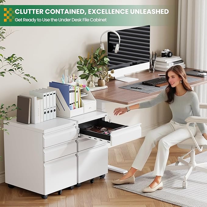 3 Drawer Mobile File Cabinet with Lock,Under Desk Storage Cabinet for Home Office,Vertical Filing Cabinet Fits A4 or Letter Size(Unassembled,White)