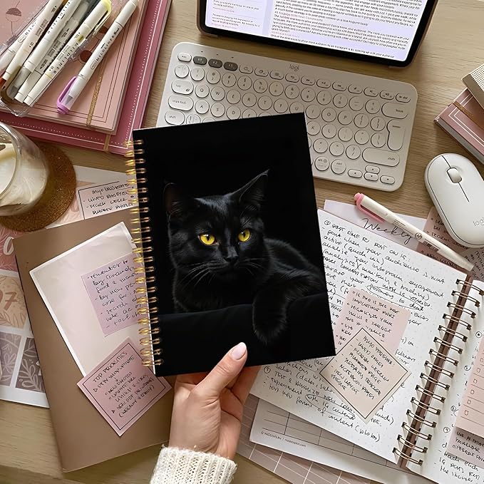 Lacama Cat Notebook Cat Journal, Black Cat Spiral Journal Notebook, Gifts for Cat Lovers, Trendy Cat Notebooks for School and Office Supplies, Cat Stationary 5.5x8.3