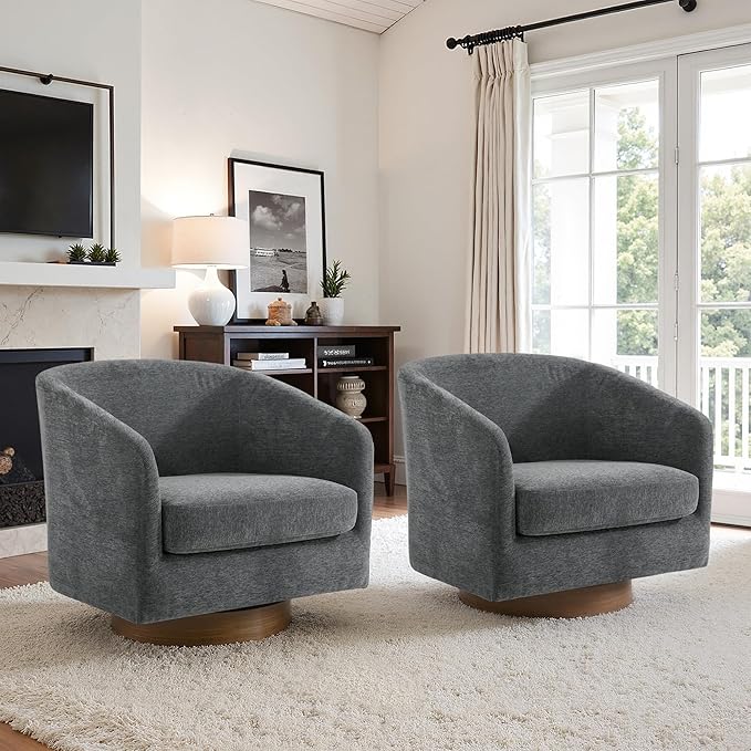 UIXE Swivel Accent Chairs Set of 2, Chenille Upholstered Barrel Chair for Living Room, Comfy Round Armchair Single Sofa Bedroom Reading Seat - 31" W, Gray