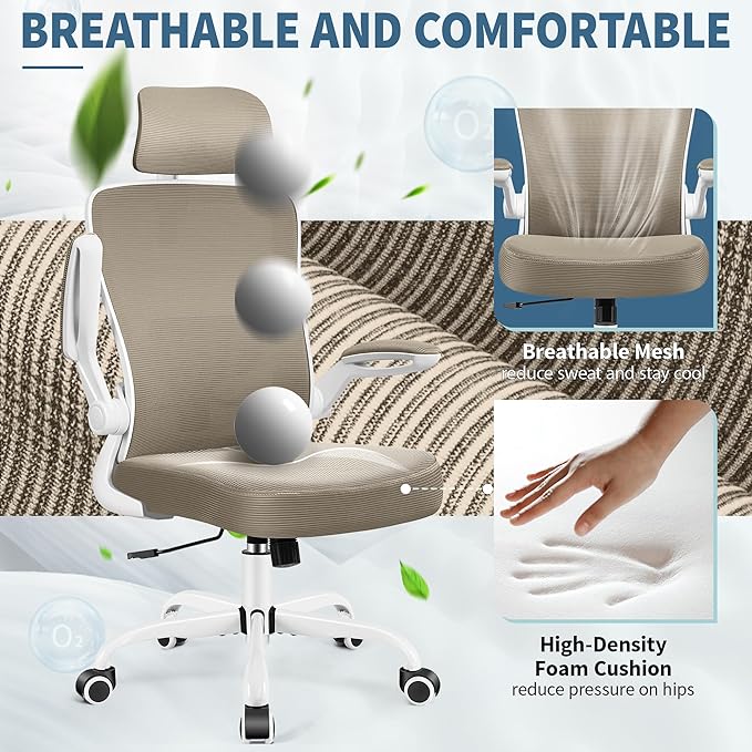 FelixKing Ergonomic Office Chair, Headrest Desk Chair Office Chair with Adjustable Lumbar Support, Home Office Swivel Task Chair with High Back and Armrest, Adjustable Height Gaming Chair(Khaki)