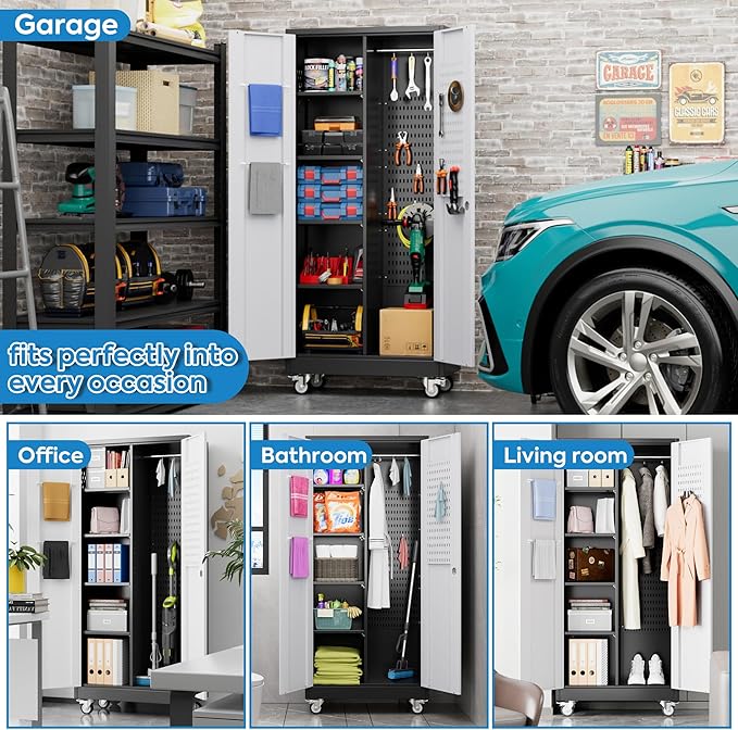 Garage Storage Cabinet with Wheels, Metal Tool Cabinet with Pegboards and 4 Adjustable Shelves, Garage Storage System with Lockable Door for Shools, Offices, Gyms and Pantries, Black and White