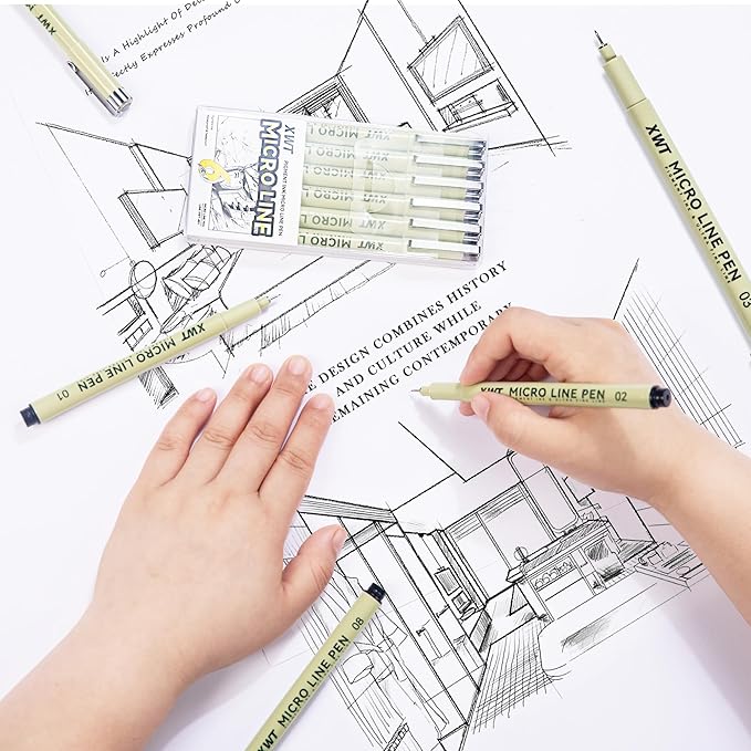 Micro Fineliner Pens 6 Size/Set, Ultra Fine Fineliner Pen, Brush Marker Pen, Water-based Black Pigment Ink, Drawing Journaling Doodle Supplies for Artists, Designers, Students