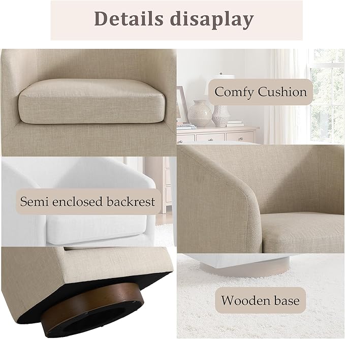 UIXE Swivel Accent Chair with Wood Base, Fabric Upholstered Barrel Chairs for Living Room, Comfy Round Armchair Single Sofa Bedroom Reading Seat - 31" W, Light Brown