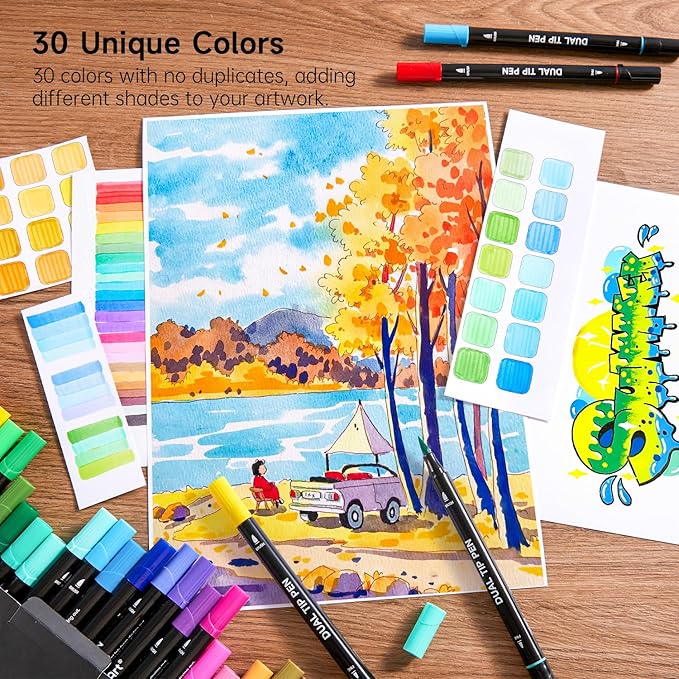 Shuttle Art Dual Tip Brush Marker Pens, 30 Colors Dual Tip Calligraphy Pens Fine and Brush Tip Markers Set, Water-based Ink Perfect for Kids Adult Artist Calligraphy Journal Doodling Writing