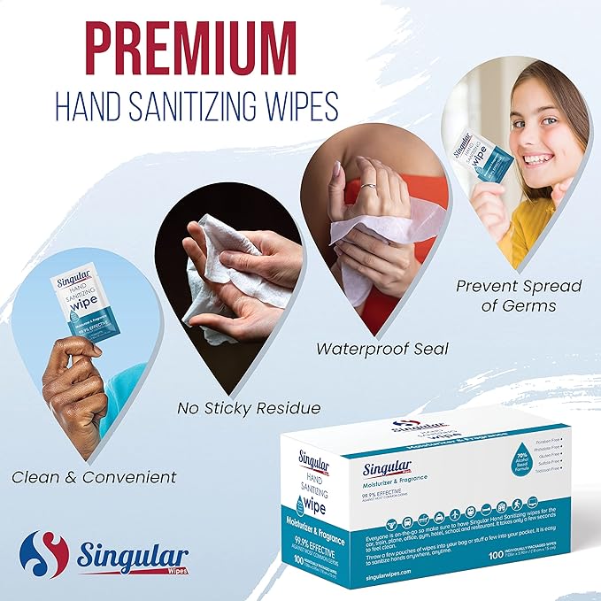 Hand Sanitizing Wipes Travel Size by Singular Wipes – 100ct Individually Wrapped | Fresh Citrus Scent, Moisturizing, 70% Alcohol Wipes | Travel, Office, School, Home | Made in USA