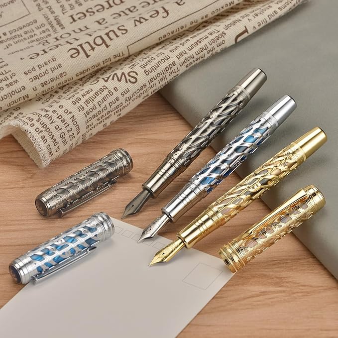 Hongdian A6 Piston Fountain Pen Extra Fine Soft Nib, Golden Hollow Skeleton & Transparent Resin Pen with Metal Case Set