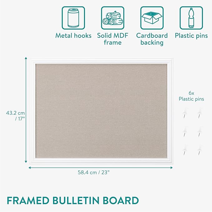 Navaris Framed Linen Bulletin Board - Approx. 58 x 43cm Fabric Jewelry Organizer Pinboard for Wall Memory Memo Pin Board - Natural Linen with White Frame