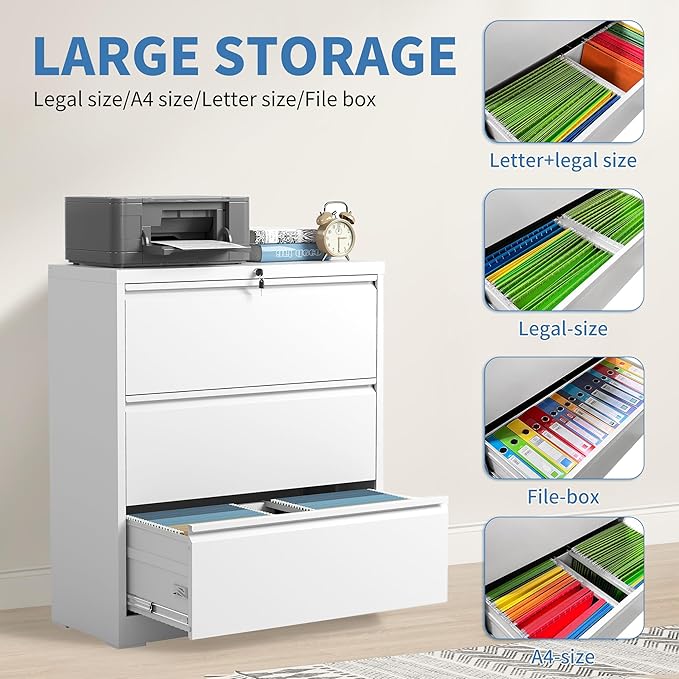 File Cabinets 3 Drawer,Metal Office Storage Filing Cabinet with Lock,White Lateral Filing Cabinet for Home Office,Horizontal Locking File Cabinets for Legal/Letter/A4,Assembly Require,White