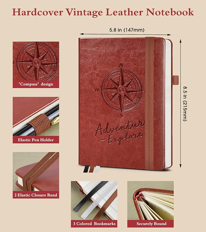 Lined Journal Notebook for Men Women, 160 Pages Ruled Paper, Inner Pocket, A5 Hardcover Vintage Leather Notebooks for Work, School, Travel Journaling, Daily Diary, Notepad 5.8" x 8.5" (Brown)