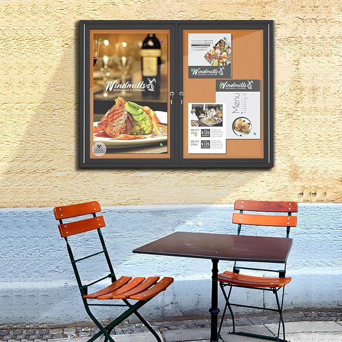 Lockable Outdoor Enclosed Bulletin Board,Weatherproof Cork Noticeboard with Locking Door, Wall-Mounted Aluminum Frame Display Case for Office, Home, School (Black Frame | Cork Surface, 44x32 inch)