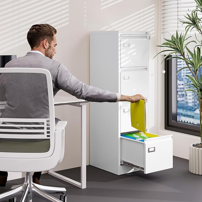 4 Drawer File Cabinet with Lock Metal Vertical File Storage Cabinet Office Home Steel Vertical File Cabinet for A4 Legal/Letter Size Narrow File Cabinet Locked,Assembly Required