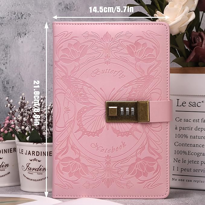 TIEFOSSI Diary with Lock for Women Girls, Lined Locked Journal, Butterfly Journal Notebook with Pen and Bookmark, A5 Refillable Locking Journals for Writing, 224 Numbered Pages