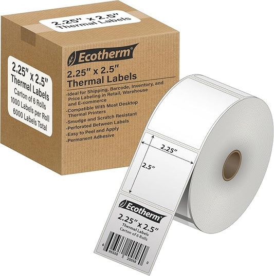 2.25" x 2.5" Thermal Labels | 6 Rolls | 6000 Labels | fits Zebra, Munbyn, Rollo, Godex, Arkscan, iDPRT, Offnova Thermal Label Printers and More | Blank White Adhesive Stickers by Ecotherm
