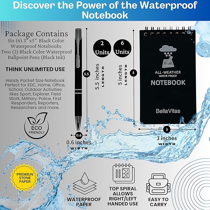 Waterproof 3x5 Notebook Pocket Notebook Small Spiral Notebooks Pocket Notepad Small Notepad 3x5 Pocket Notepad Police Notepad Tactical Notebook and All-Weather pen 6 Pack Black
