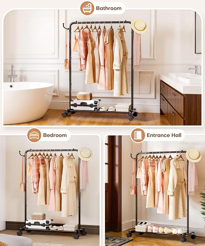 Homde Heavy Duty Clothes Rack: 120lb Standing Garment Storage for Indoor - Rolling Hanging Rod for Bedroom Laundry Room - Coat Dress Organizer on Wheels with luggage shelf (Black，32")