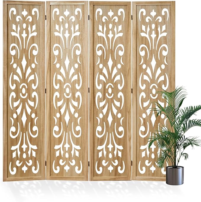 5.6Ft Room Divider Folding Wood Classical Carved Partition Screen for Home Office Garden - 4 Panels (Natural)