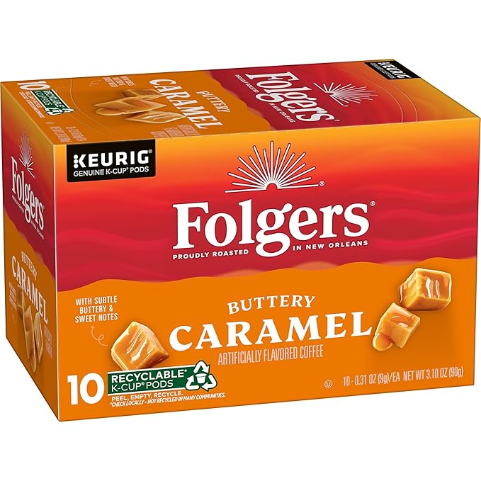 Folgers Buttery Caramel Artificially Flavored Coffee, Keurig K-Cup Pods, 10 Count Box (Pack of 6)