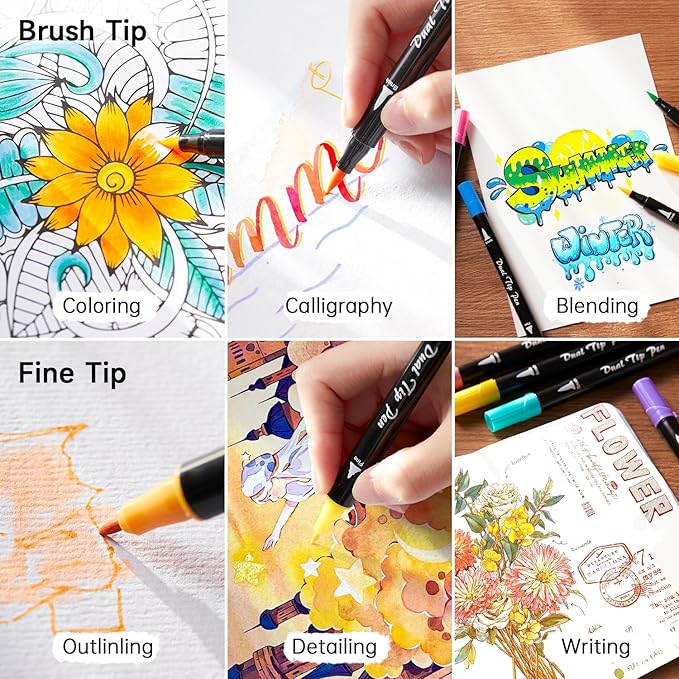 Shuttle Art Pastel Brush Pens, 56 Pastel Colouring Pens, Dual Tip Brush Markers with Fineliner Tip, Drawing Felt Tip Pens for Adults Colouring Books, Painting Sketching Calligraphy and Journaling