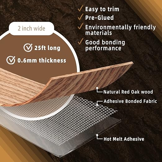 GSCIT Club Red Oak Edge Banding, 2 inch x 25ft roll of Veneer Edge Banding Preglued Flexible, Real Wood Tape Banding