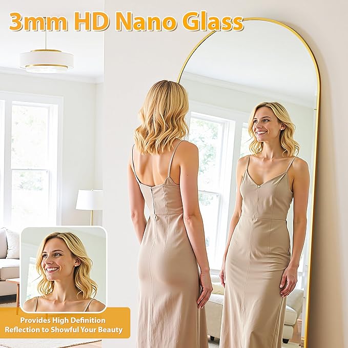 Full Length Mirror, 59"x18" Oversized Floor Mirror Freestanding, Full Body Mirror Floor Standing Mirrors with Stand, Hanging Mounted Mirrors for Bedroom Living Room, Gold, Arched Style