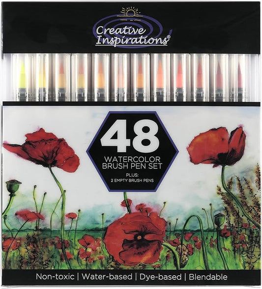 Creative Inspirations Watercolor Brush Pen Set - Water-Soluble Pens for Painting and Coloring - Set of 48 Assorted Colors
