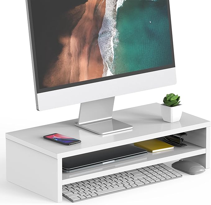 FITUEYES Monitor Stand - 2 Tier Computer Monitor Riser with 21.3 Inch Shelf, Wood Desktop Stand for Laptop Computer Screen, Desk Organization, Office Supplies