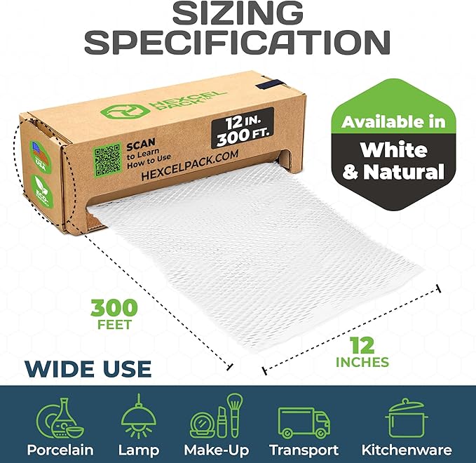 HexcelWrap Mini - Honeycomb Packing Paper, Eco-Friendly, Sustainable Paper Bubble Wrap for Shipping & Moving, Cushioned Packing Material in Dispenser - White, Pallet of 112, 12" x 300'