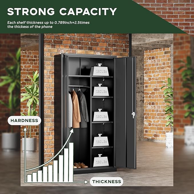 Greenvelly Metal Wardrobe Cabinet with Locking Doors, 72"H Black Metal Wardrobe Closet with Hanging Rods and Adjustable Shelves, Clothing Storage Closet for Home, Office, Employee, Gym (18" D x 36” W)