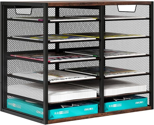 PAG Mass Mail Sorter - Adjustable Mail Holder, Countertop Literature Organizer, Student Mailbox for Classroom, Desktop Bill Paper Organizer for Office Home School, 12 Compartments, Brown