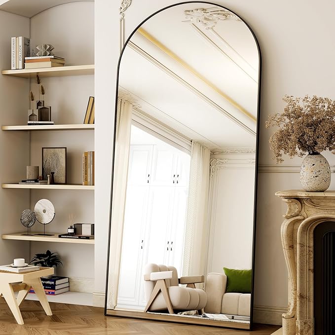 GLSLAND-38x77 inch Arched Full Length Mirror - Floor Mirrors Aluminum Alloy Frame Full Body Dressing Mirror for Bedroom Living Room,Black