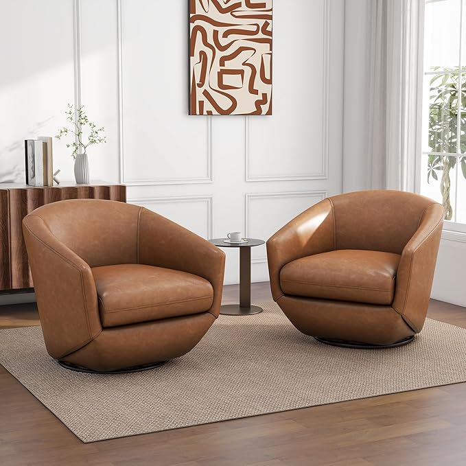 UIXE Faux Leather Swivel Accent Chairs Set of 2, Barrel Chair Upholstered Club Armchair for Living Room, Comfy Single Sofa Bedroom Side Reading Seat - Brown