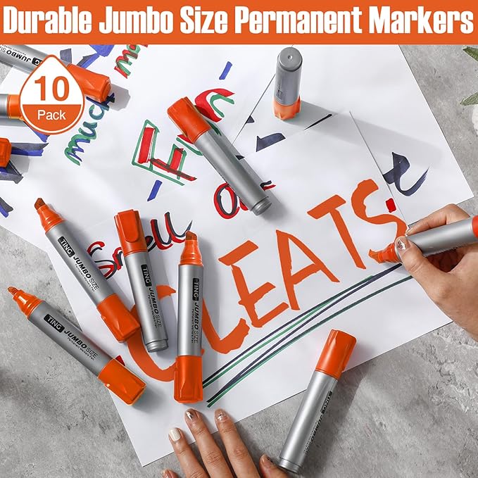 Fuutreo 10 Pack Jumbo Permanent Markers Bulk Large Chisel Tip Permanent Markers Quick Drying Waterproof Big Huge Poster Pens for Office, Logistics Company and More(Orange)