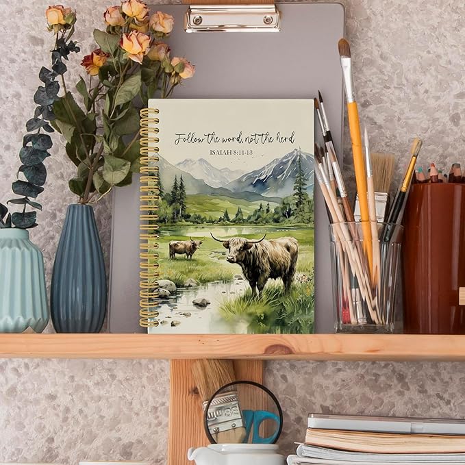 Christian Highland Cow Spiral Notebook, Farmhouse Cow Bible Journaling Notebooks, Rustic Country Mountain Farmhouse Hardcover Journals for Women 160 Pages 5.5x8.3 Inch, Christian Gifts for Women