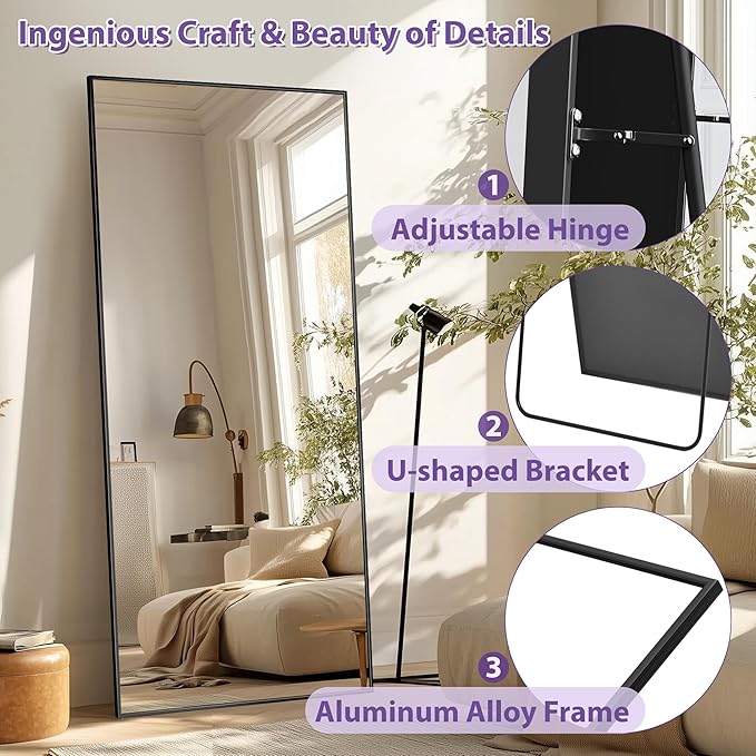 Full Length Mirror, 71"x28" Oversized Floor Mirror Freestanding, Full Body Mirror Floor Standing Mirrors with Stand, Hanging Mounted Mirrors for Bedroom Living Room, Black, Rect Style