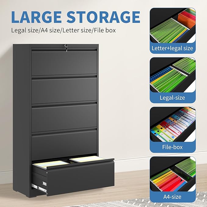 File Cabinets 5 Drawer,Metal Office Storage Filing Cabinet with Lock,Black Lateral Filing Cabinet for Home Office,Horizontal Locking File Cabinets for Legal/Letter/A4,Assembly Require,Black
