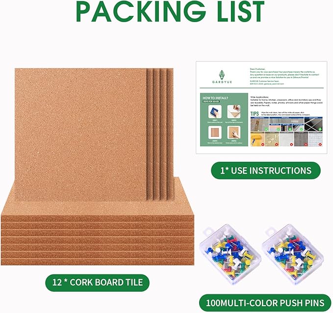12 Pack Cork Bulletin Board 12 x 12 Inch - 1/2" Thick Cork Board Tiles,Self-Adhesive Frameless Cork Tiles Wall Decor with 100 PCS Pushpins for DIY, Office, School and Home Decor