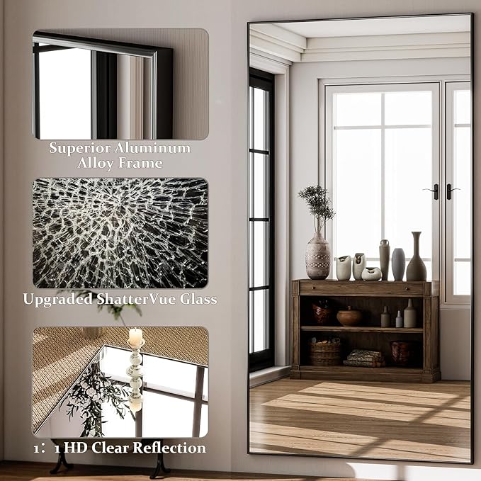 GLSLAND 71"x31" Full Length Mirror Extra Large Hanging or Leaning Rectangle Mirror Aluminum Alloy Thin Frame Bedroom Floor Dressing,Black