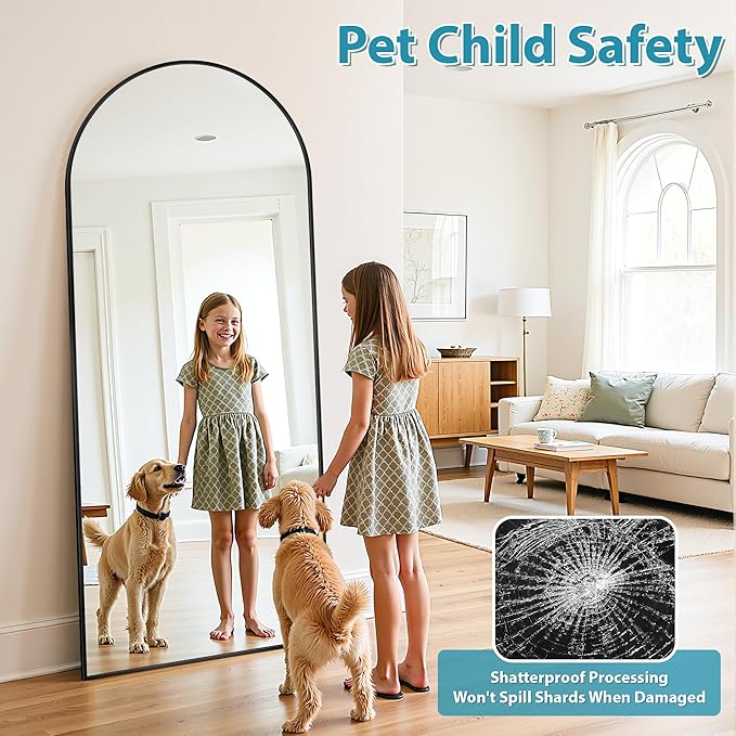 Full Length Mirror, 58"x18" Oversized Floor Mirrors Freestanding, Full Body Mirror Floor Standing Mirrors with Stand, Hanging Mounted Mirrors for Bedroom Living Room, Black, Arched Style