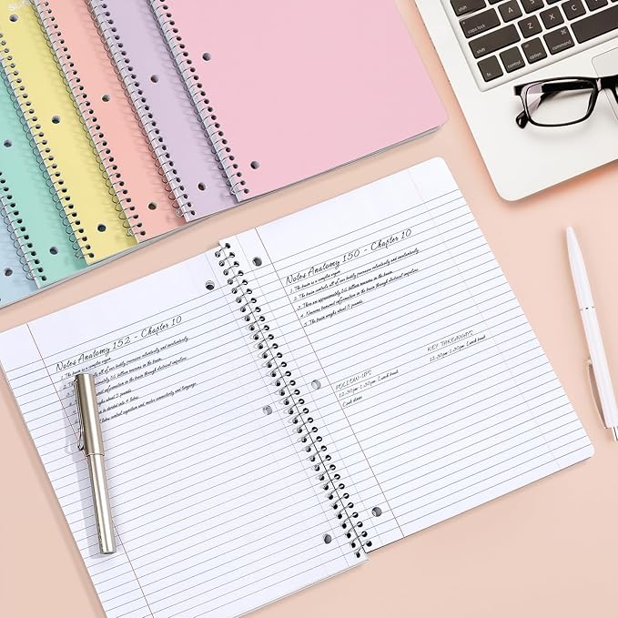 SUNEE Spiral Notebooks, 24 Pack, 1-Subject, College Ruled Paper, 8" x 10-1/2", 70 Sheets per Notebook, Assorted Pastel Colors Spiral Notebooks for School