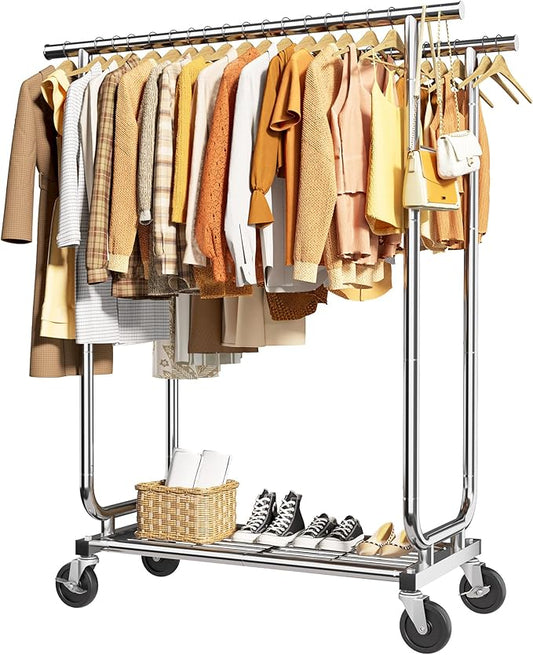 Heavy-Duty Clothes Rack - Double-Rod Stainless Steel Garment Rack with 4-inch Lockable Wheels, Clothing Racks for Hanging Clothes in Bedroom, Laundry Room, 43.3"×16.5"×61.0", Silver