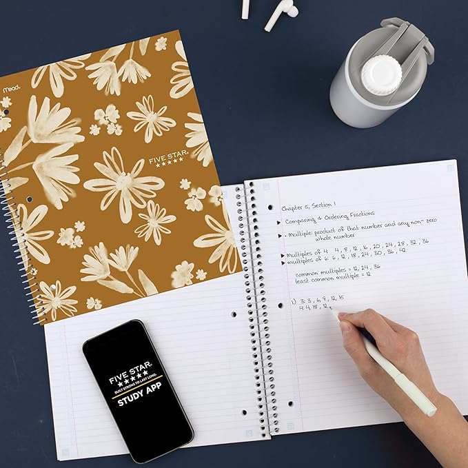 Five Star Spiral Notebook + Study App, 1 Subject, College Ruled Paper, 8-1/2" x 11", 80 Sheets, Fights Ink Bleed, Water Resistant Cover, Soft Petals Harvest (820442F-ECM)